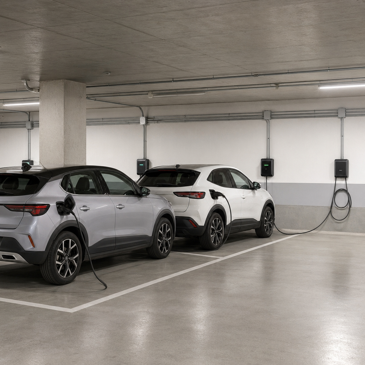 Coches eléctricos conectados a puntos de recarga en un garaje